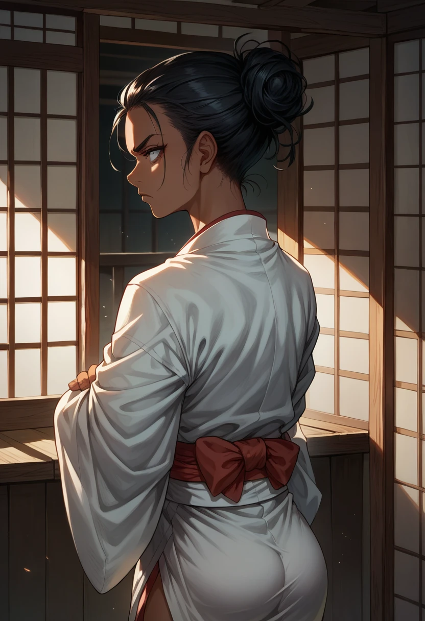 score_9, score_8_up, score_7_up, BREAK, score_9, 1girl, pbNaomi, white eyes, tan skin, serious, black hair, arms crossed, dark skin, white kimono, from behind, cowboy shot, dojo