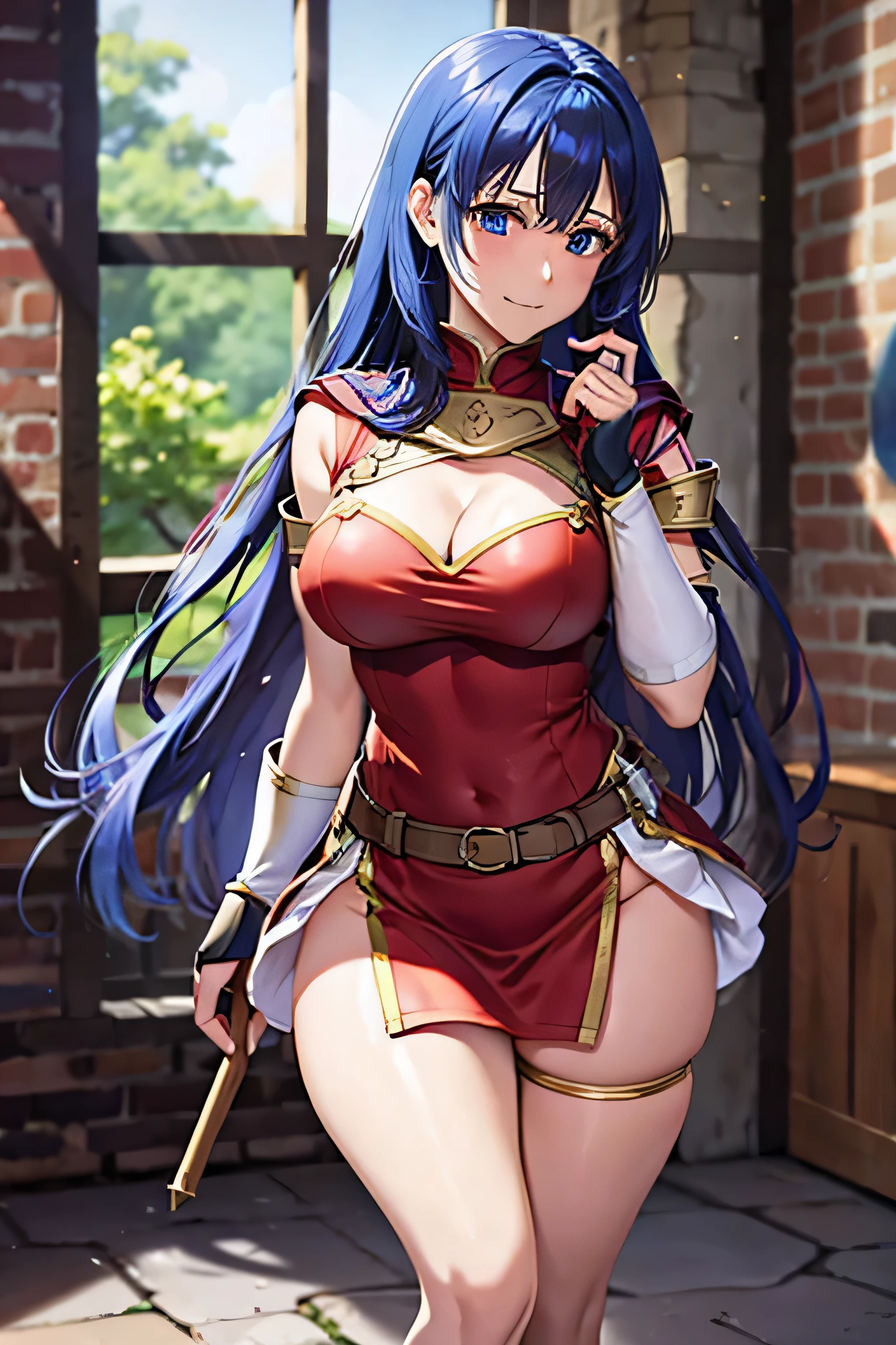 (top-quality, 8k, masterpiece,   best image quality, ,  super detail, , (  Delicate Smooth Skin  ,  realistic skin ,   perfect and beautiful face ,Perfect and pretty face,  High Detail Skin , Perfect body)),  1 girl , armor ,  Asfocus  ,  blue eyes ,castle town、 ,(( Embarrassing Shy Laugh , Face is bright red)), Fingerless gloves , Arm guard、shoulder arm  ,  , Long Blue Hair , Cute gestures ,  medium chest  , Pegasus Knight Uniform ( Fire Emblem ) , red and white flare skirt 、 Alone , 、Castle Inner Garden 、 stick my butt out  , Mitsuba , , Massacre ( Fire Emblem )