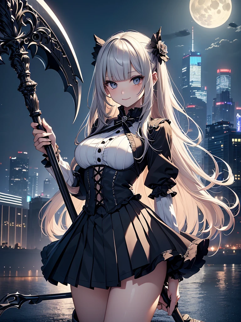 8k, Best Quality, The real picture,  complicated details, Very detailed,  super high definition,  depth field , ( realistic, realistic),  table top, (( full body shot)), ((( 1 girl))), ( Standing Pose ), (((Holding a giant scythe with both hands))), eye_Chan,  so beautiful, innocent big eyes,  Beautiful Breasts , 非常に詳細なeye, ( Beautiful Breasts ), ((Silver Hair)), ( short semi long hair), ( asymmetrical bangs), Perfect Skin, Fair skin, (( small breasts)), Tight waist, Alone,  per flower position, (smile), (( gothic punk fashion)), ((( micro mini pleated skirt))), ((( stands at the top of a skyscraper on the night of a full moon)))