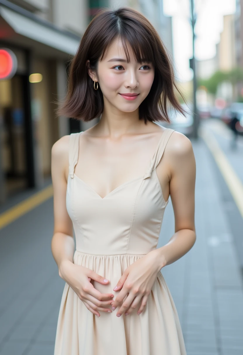              young Japanese woman             , Alone,             HD Download                     , glance ,  解剖学的にAccurate, Best Quality,             HD Download                     , masterpiece, Accurate,  number々Awards,            dress   、       small breasts、 slender、photo shoot、 Short Hair、            Curly Hair、     ,      リアル           small breasts 、            skinny、whole body、smile、Around town、       is standing