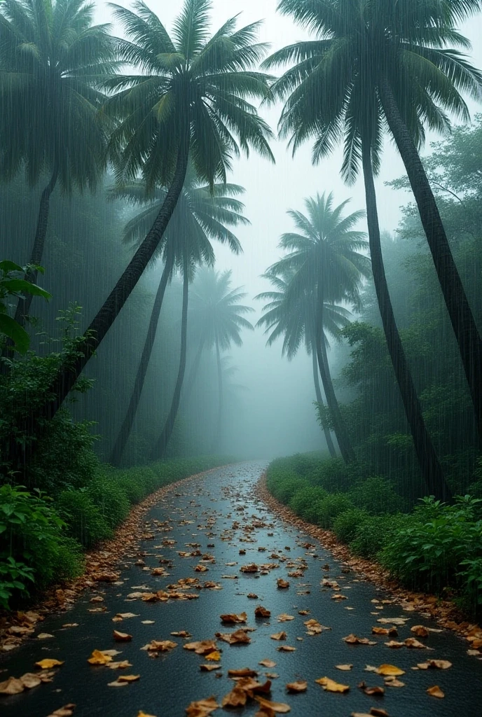 Full wet body naked woman wearing look hair fringe walking barefoot down the rain