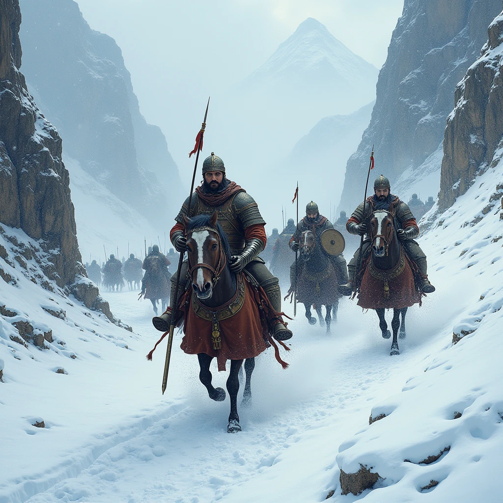 Photorealistic depiction of a young Hannibal Barca slowly climbing up the Alps in the middle of a snowstorm with his scattered army of soldiers