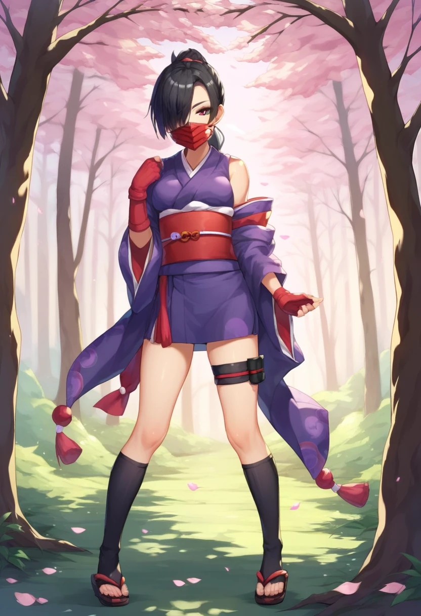 Highest quality Unity 8k, BREAK mosuNinja,Ninja, 1 girl,Alone,Black Hair , Brown Eyes ,Hair over one eye , eyeshadow,purple  eyeshadow,breast,small breast,  BREAK BEAR SHOULDER,mask,Cover your mouth,Ninja mask ,kimono,kimono,ショートkimono,heart,肘Gloves,指なしGloves,Gloves,Food,skirt,Sandals,socks , black legwear,Toes, thigh strap ,  BREAK cowboy shot,forest,tree,
