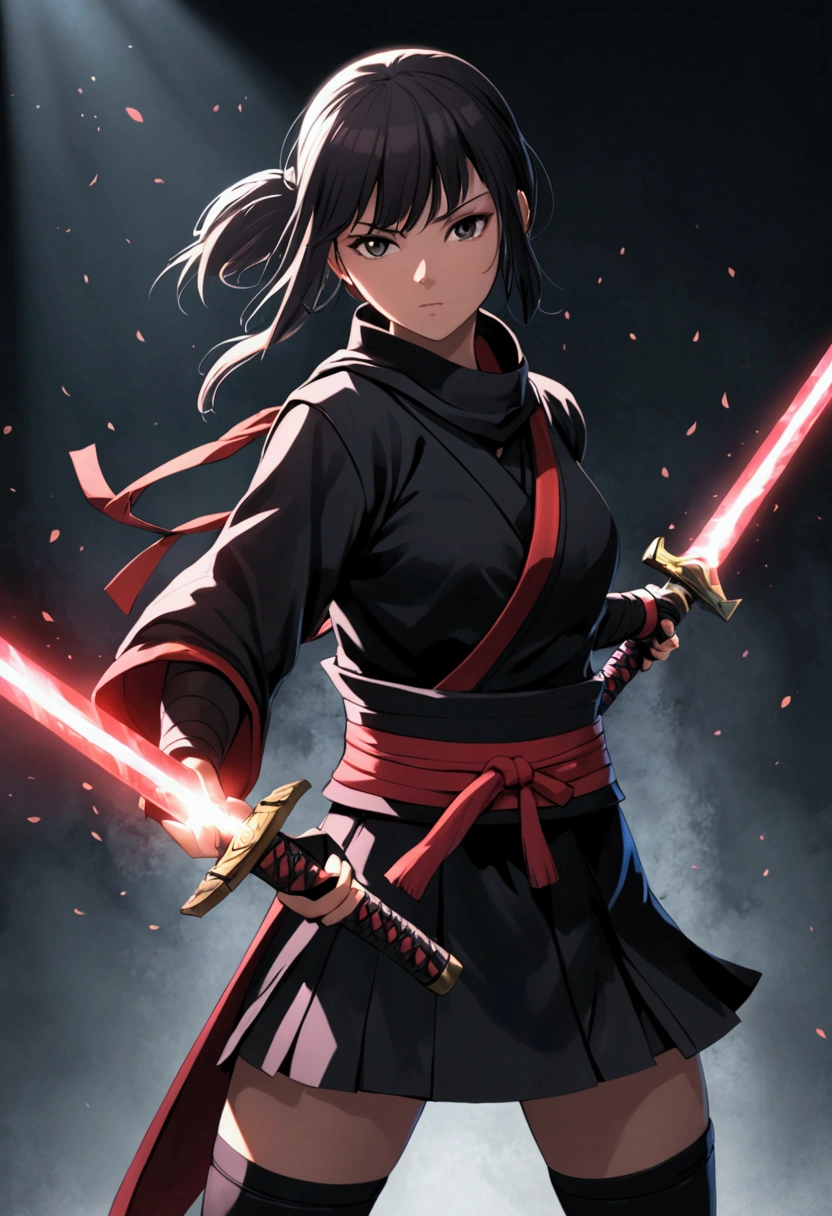 (Super detailed, ultra hd, 8k, best quality, masterpiece, super realistic) girl, alone, red hood, ronin cloth, cyan eye, realistic eye, detailed eye, shining eye, holding lightsaber (war, bloodlust, intense situation, serious environment, night)
