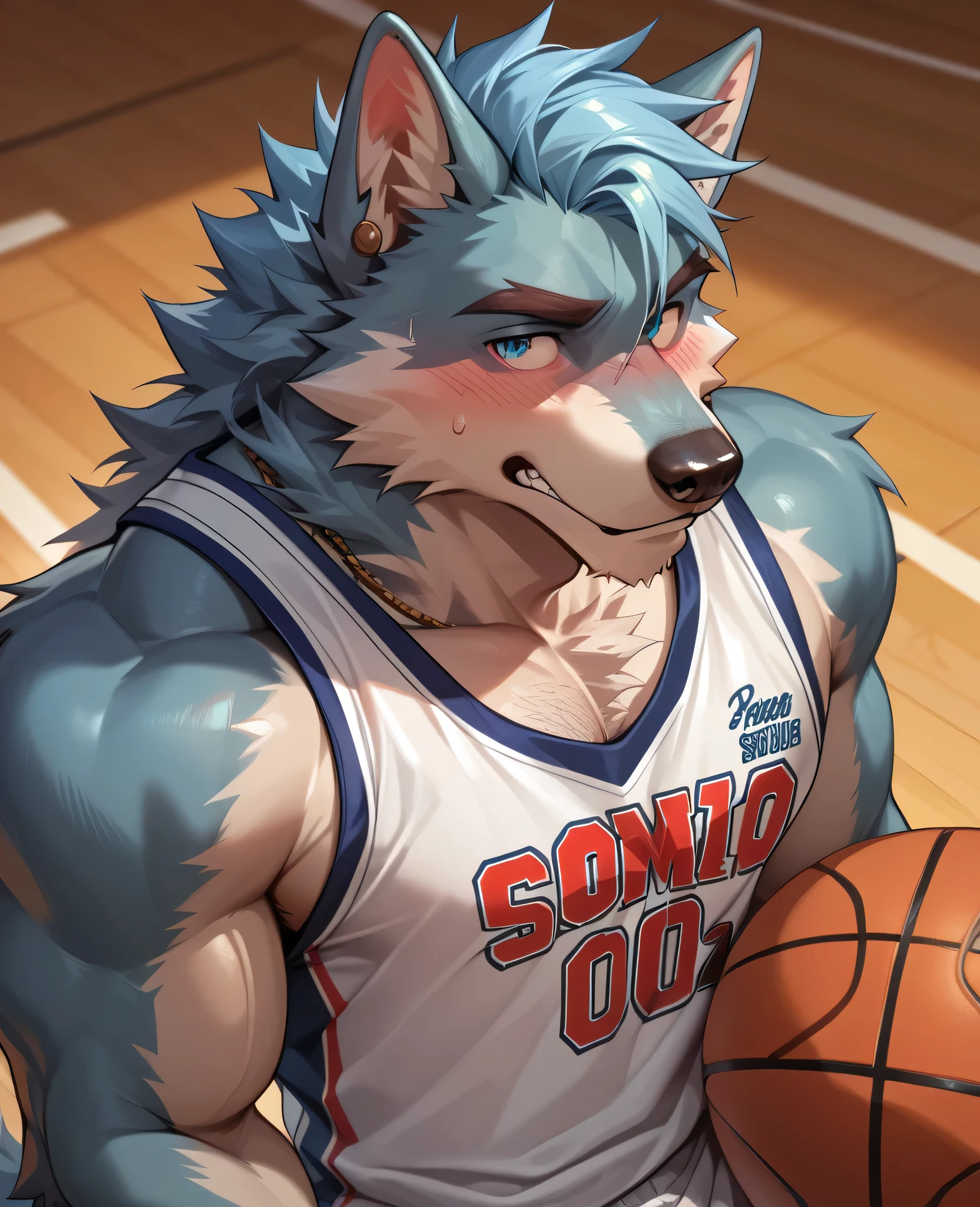 furry, furry Male, Male Focus, Tail, 1 Boy (: 2.1), Wolf, Hairy Wolf, Man, Muscular, Light Blue Hair, Basketball Jersey, Stud Earrings, Muscular Adult Male, Smooth (: 1.5), Staring in Surprise (: 1.6), Blushing, Sitting on the Ground, Upper Body Naked