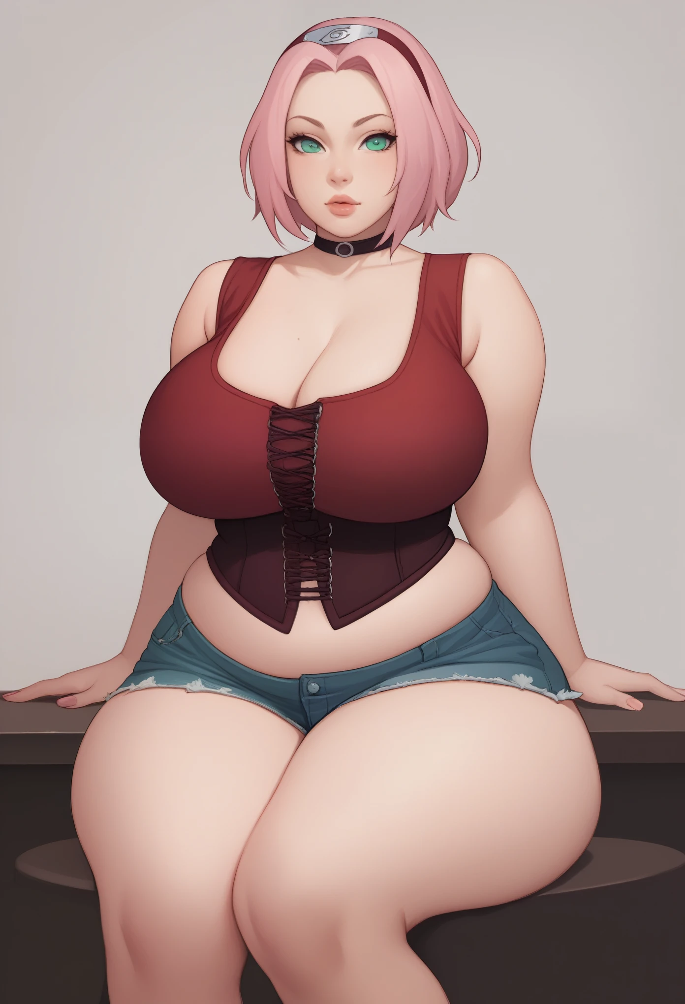 Haruno Sakura. short pale pink hair, large light green eyes, a large forehead, thin lips, huge saggy breasts. bbw. huge hips. choker. corset. shorts. sitting. bar
