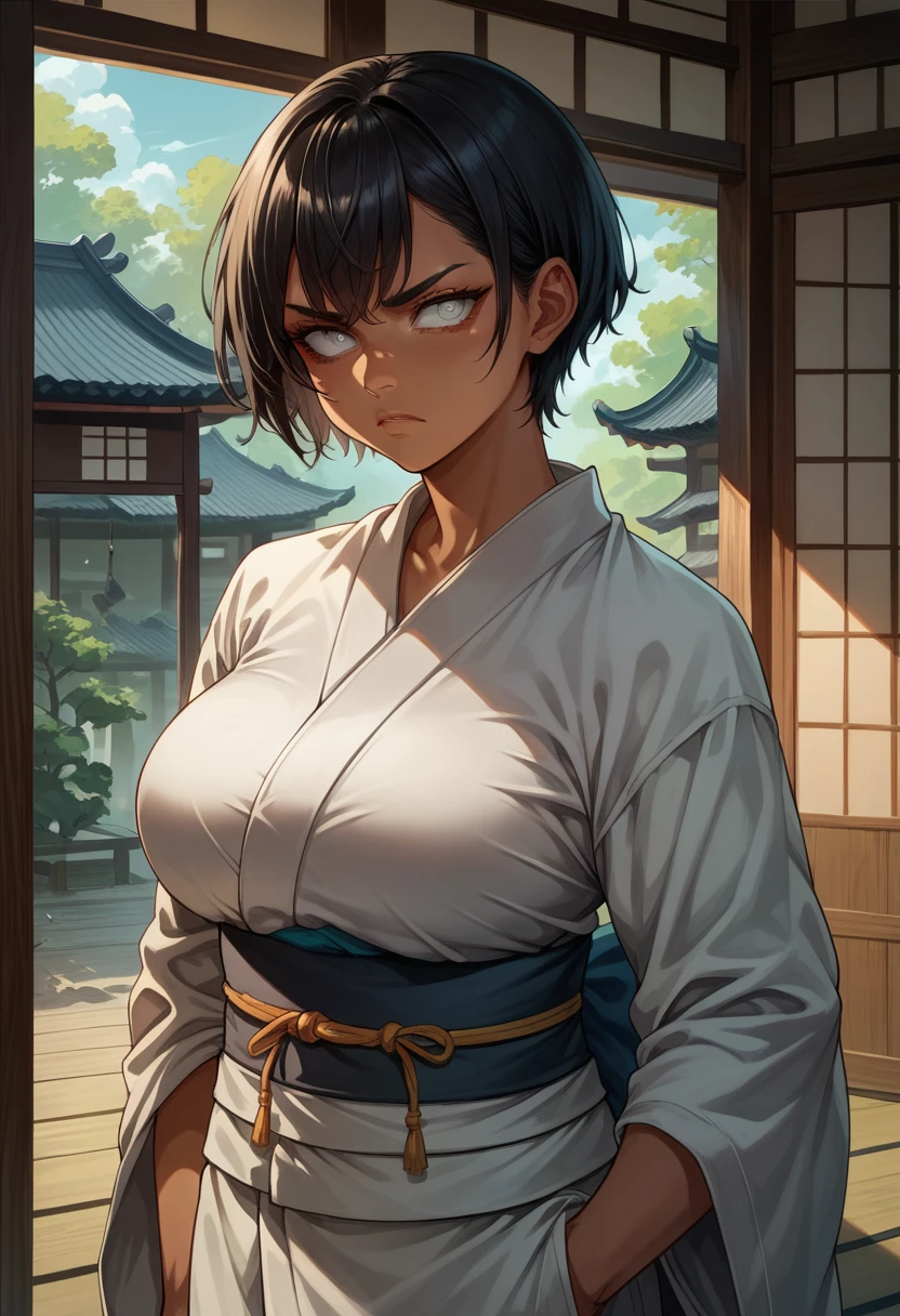 score_9, score_8_up, score_7_up, BREAK, score_9, 1girl, pbNaomi, large breasts, short hair, white eyes, tan skin, serious, black hair, dark skin, white kimono, cowboy shot, dojo