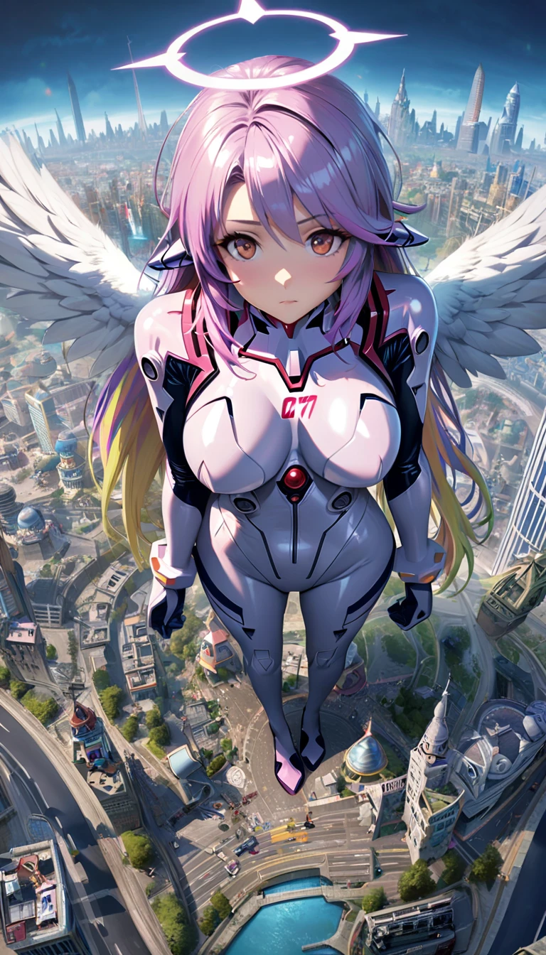 jibril,(big breast),(big white wing),(angel wing),(glamorous),full body,(girl towering over miniature city),front view,plugsuit,latex bodysuit,shiny bodysuit,colorful hair,halo,sharp focus,extremely detailed CG,expressionless,realstic,(mechanical ear),standing,road,bird-eye's view:0.4