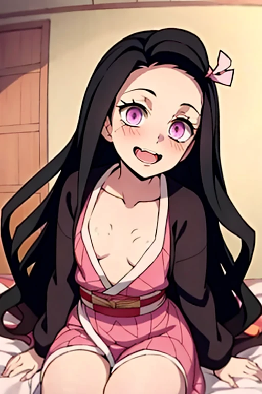 ((Best Quality)), ((masterpiece)), (be familiar with),  perfect face, indoor, bedroom,  watching viewers,
One woman, Kamado Nezuko,
 characters with open mouth ,  ecstatic expression, blush, smile,
Small breasts,  flat chest, Young girl, Lori,  kids,  girl,
Long Hair,  long hair,
Leg spread,