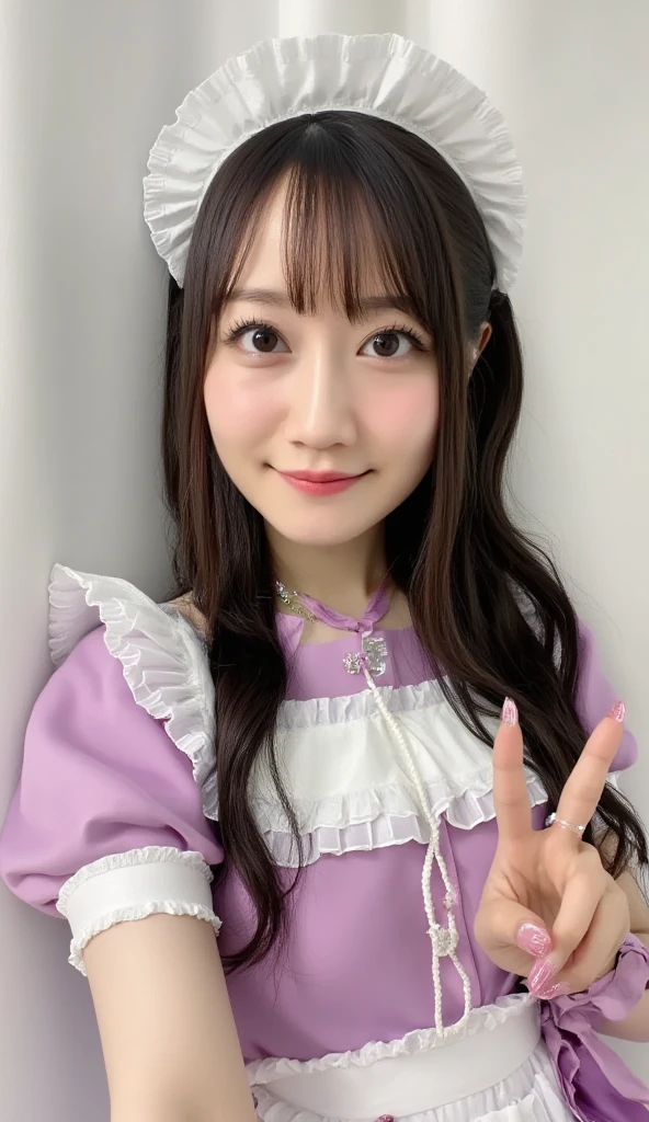 Wearing a maid costume with a purple bow tie、There are women with long hair, with index finger,