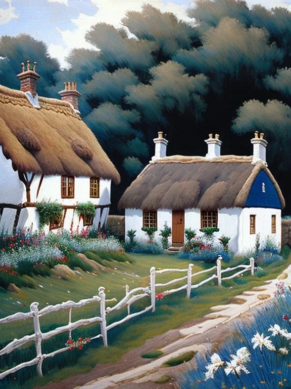  traditional house painting in medieval England 、Fairy tale、Vivid picture、Bright white house 、 The contrast between the brown and white walls in the timber frame is beautiful。English thatched cottages、Flowers surrounding the house 々、 The hill that extends beyond the backyard 、 I can see sheep the size of a sesame seed in the distance。 Bright Blue Skies 