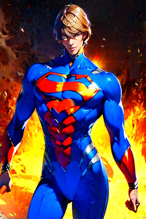 (  High-definition CG), (Best Quality),     a superhero and has a beautiful body,   hero costume , Handsome and cool young man   ,       Slim and Muscular      , My skin is brown  ,  blonde, Frivolous,   sensual vibe  ,