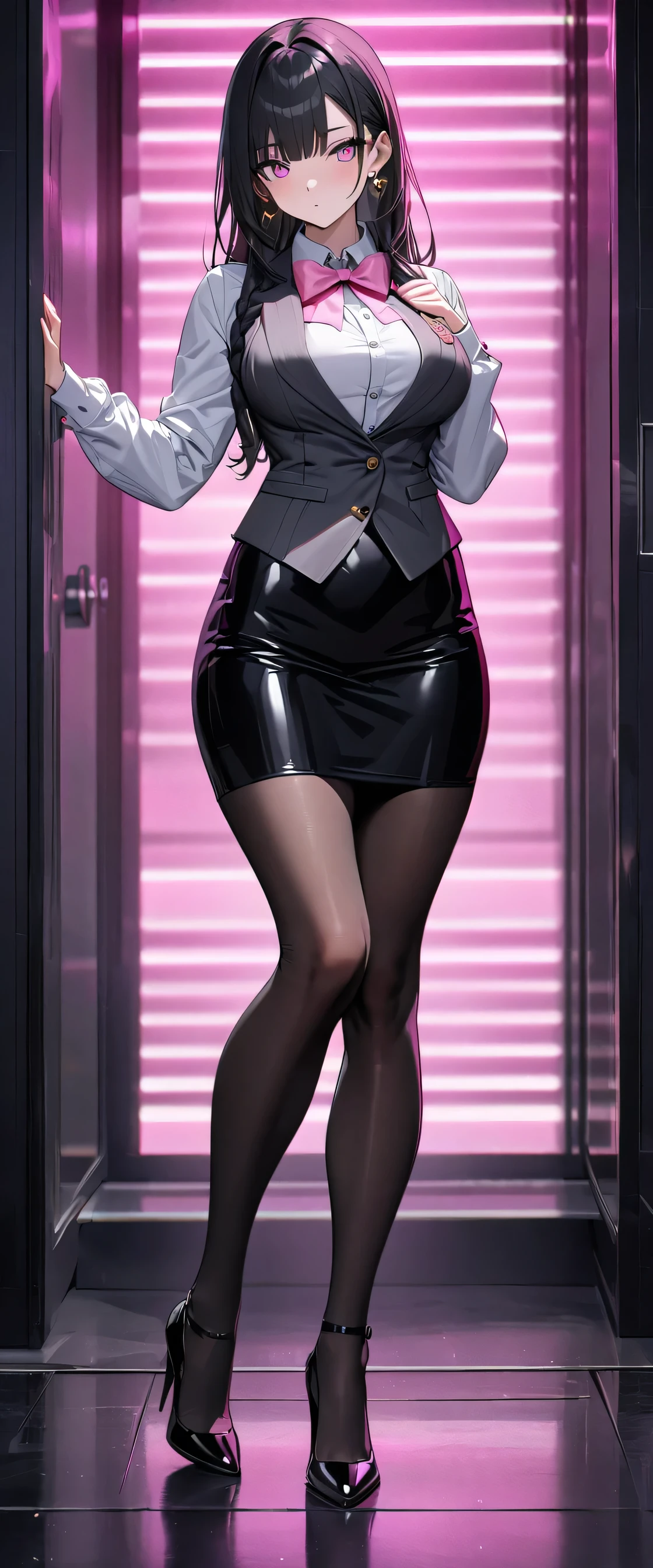 1 Girl, brown hair,short hair,blue eyes,whole body,laboratory,sit,, (masterpiece, best quality, high quality, High resolution, Extremely detailed)A woman with long black hair (Very long bangs:1.5), Wearing a suit and pencil skirt,With pantyhose, permanent. The work is inspired by comics,And incorporates the style of the same person. This woman seems (Wet myself:1.5), This made her feel embarrassed and humiliated, Blushed. also, There was anger in her expression. The lighting in the scene is very dim, Spotlight highlights women's figures. She crossed her arms, (Arms Crossed:1.5), Showing off her pencil skirt., Large Breasts