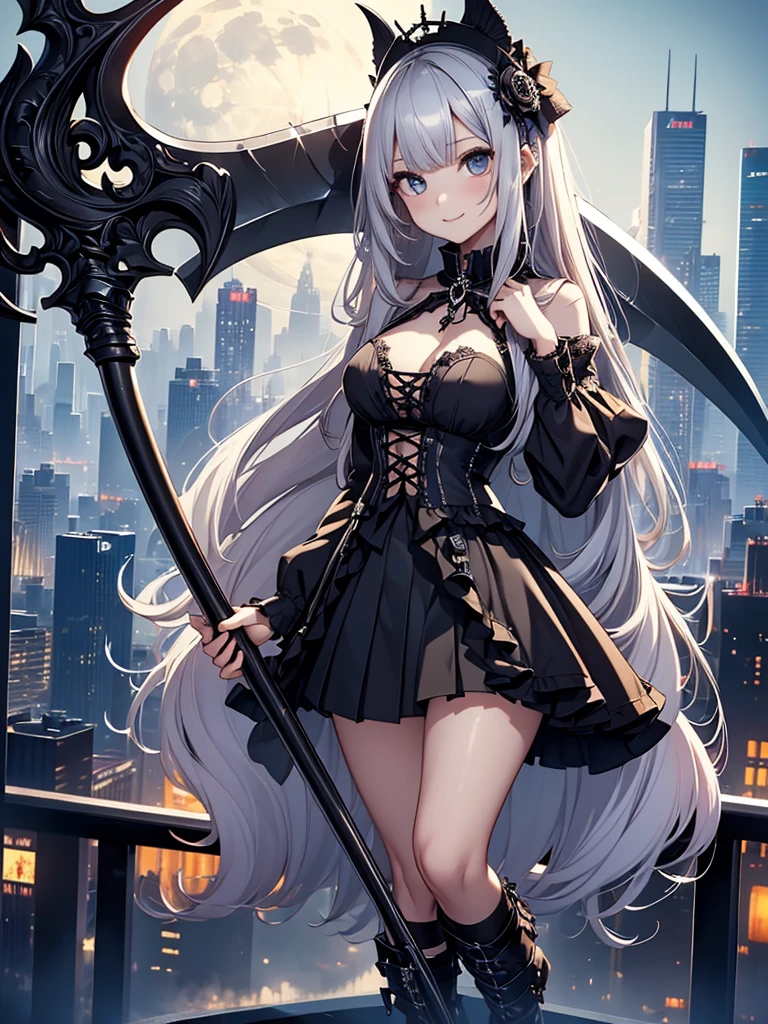 8k, Best Quality, The real picture,  complicated details, Very detailed,  super high definition,  depth field , ( realistic, realistic),  table top, (( full body shot)), ((( 1 girl))), ( Standing Pose ), (((I'm holding a giant scythe))), eye_Chan,  so beautiful, innocent big eyes,  Beautiful Breasts , 非常に詳細なeye, ( Beautiful Breasts ), ((Silver Hair)), ( short semi long hair), ( asymmetrical bangs), Perfect Skin, Fair skin, (( small breasts)), Tight waist, Alone,  per flower position, (smile), (( gothic punk fashion)), ((( micro mini pleated skirt))), ((( stands at the top of a skyscraper on the night of a full moon)))