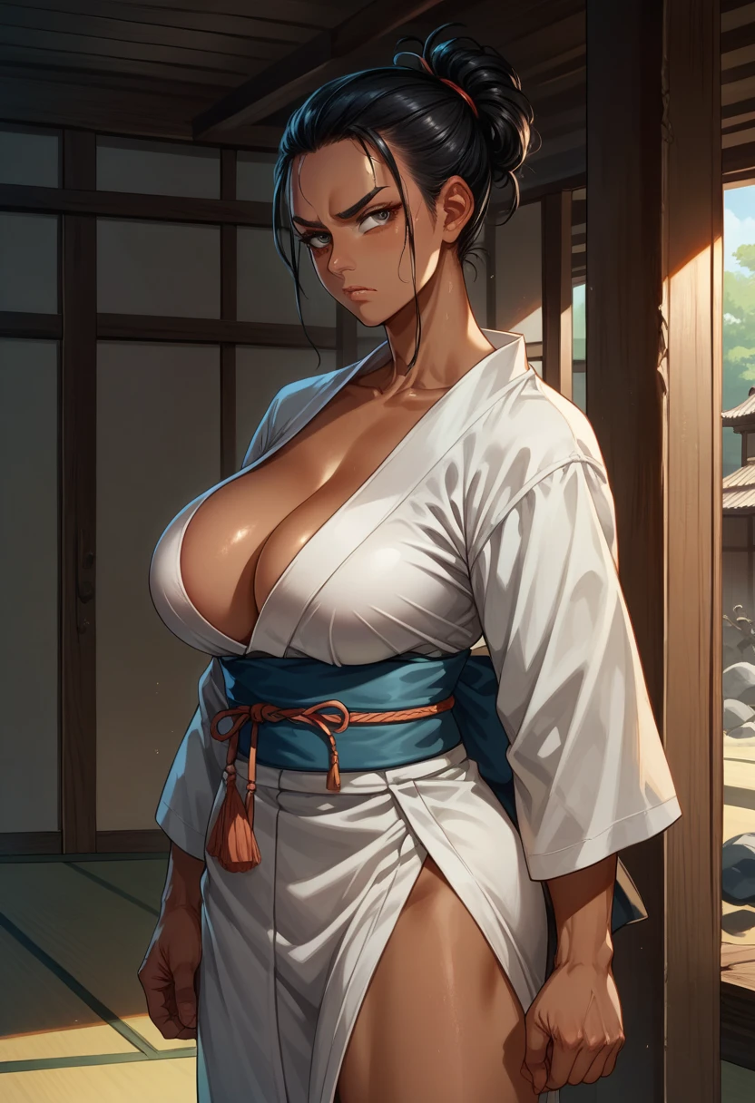 score_9, score_8_up, score_7_up, BREAK, score_9, 1girl, pbNaomi, large breasts, tan skin, serious, black hair, dark skin, white kimono, cowboy shot, dojo