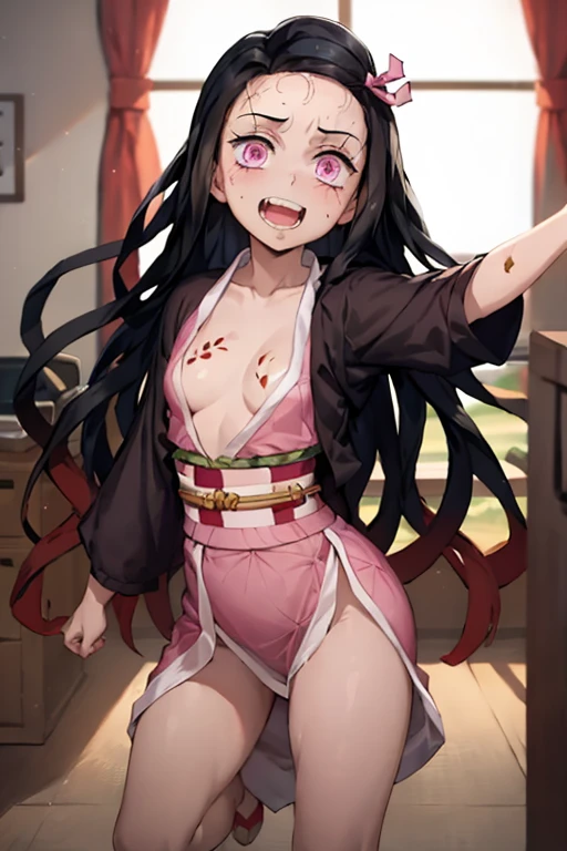 ((Best Quality)), ((masterpiece)), (be familiar with),  perfect face, indoor, bedroom,  watching viewers,
One woman, Kamado Nezuko,
 characters with open mouth ,  ecstatic expression, blush, smile,
Small breasts,  flat chest, Young girl, Lori,  kids,  girl,
Long Hair,  long hair,
Leg spread,