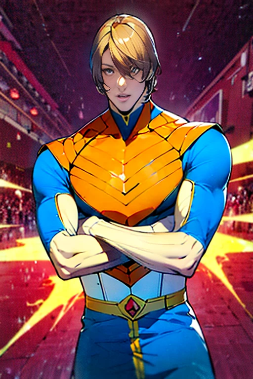 (  High-definition CG), (Best Quality),     a superhero and has a beautiful body,   hero costume , Handsome and cool young man   ,       Slim and Muscular      , My skin is brown  ,  blonde, Frivolous,   sensual vibe  ,