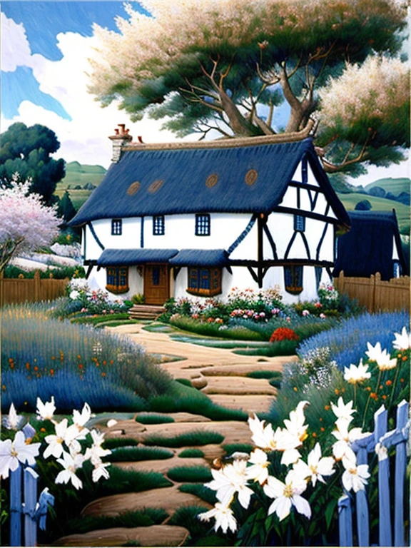  traditional house painting in medieval England 、Fairy tale、Vivid picture、Bright white house 、 The contrast between the brown and white walls in the timber frame is beautiful。English thatched cottages、Flowers surrounding the house 々、 The hill that extends beyond the backyard 、 I can see sheep the size of a sesame seed in the distance。 Bright Blue Skies 