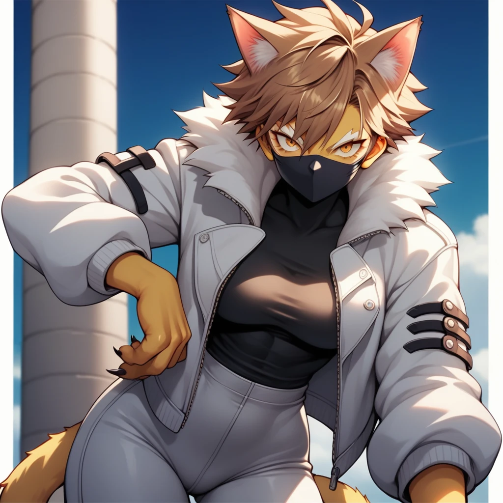 score_9, score_8_up, score_7_up, source_anime, solo, Nekomata, from Shin Megami Tensei. Climbing the stone steps, view of the sea, yellow cat eyes, black mask, cat tail and very short white fur jacket, tight all-over black tights under short white fur jacket, cat claws, Brown Hair, Shoulder-length hair parted on one side, anthropomorphic female cat, colorful landscape, leading to a beautiful view. Seductive female-panther pose. Toon Shader Rendering, 2D illustration, kanekostyle, Stylish graphic design, by Kazuma Kaneko, smt