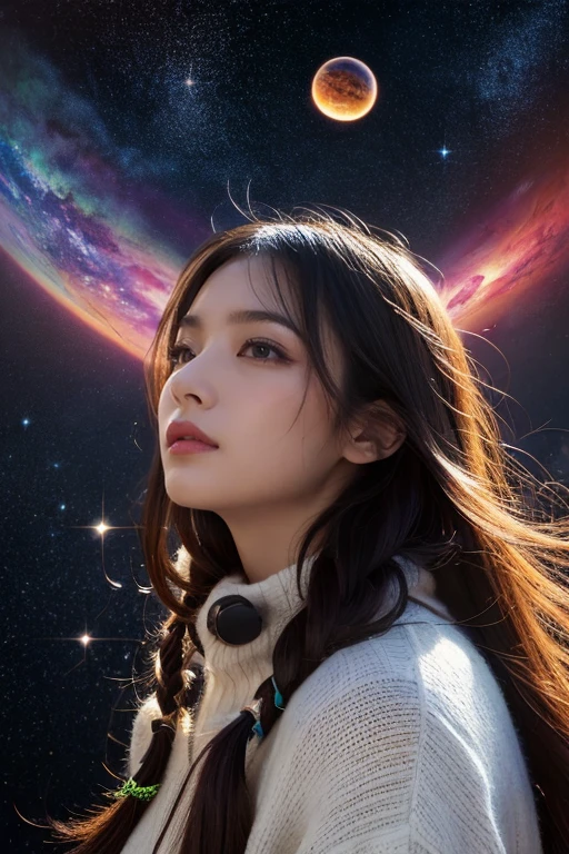 Galaxy, shooting stars, viewing, Seven colors, Woman, Born in Sirius, a gloomy, Realistic, alien, Background, Galaxy, Reminiscent, onepiece, Long hair profile Charming look up to