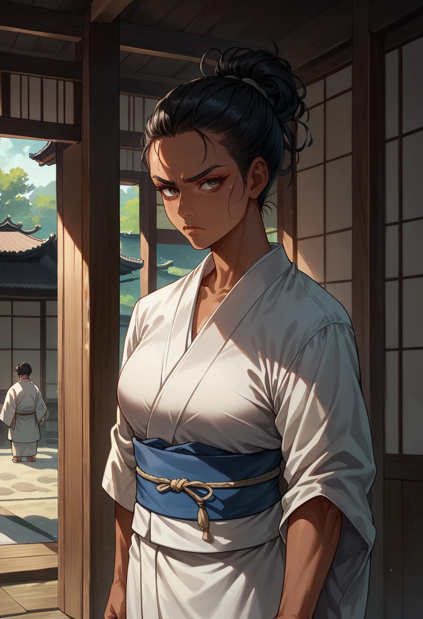 score_9, score_8_up, score_7_up, BREAK, score_9, 1girl, pbNaomi, tan skin, serious, black hair, dark skin, white kimono, cowboy shot, dojo