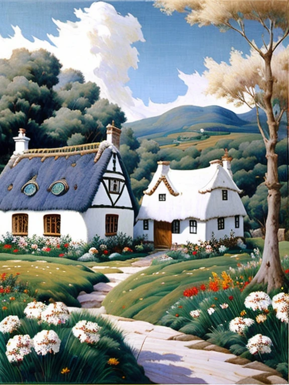  traditional house painting in medieval England 、Fairy tale、Vivid picture、Bright white house 、 The contrast between the brown and white walls in the timber frame is beautiful。English thatched cottages、Flowers surrounding the house 々、 The hill that extends beyond the backyard 、 I can see sheep the size of a sesame seed in the distance。 Bright Blue Skies 