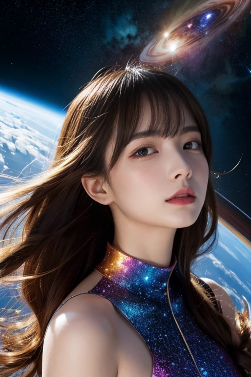 "Create an image of Taliyah in her Cosmic skin from League of Legends by Riot Games,no having clothes, dressed in an ethereal, cosmic-themed outfit with shimmering stars and her glowing rock gloves, have massive k-cups, in a vast, star-filled universe with swirling galaxies and nebulae."