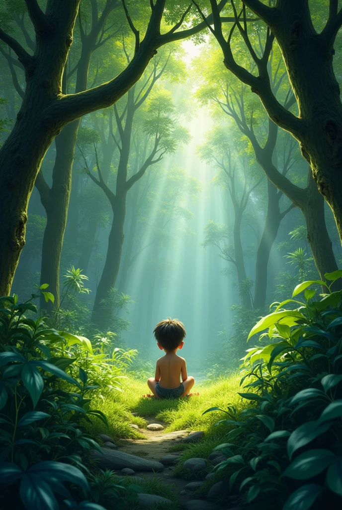 Create an anime-style image of a lost traveler looking confused and tired in a dark forest. Baby Krishna, with his bluish-black skin and gentle smile, stands behind the traveler, guiding them with a soft, golden light. Krishna wears a small yellow dhoti and a peacock feather in his curly hair. The background should depict the forest transitioning from dark to light, showing Krishna’s role in leading the traveler to safety."