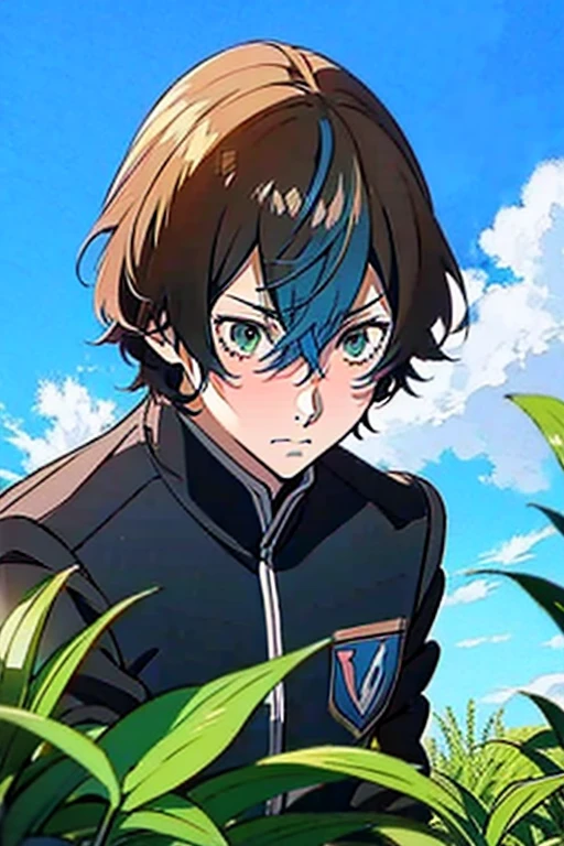 juvenile,  blue hair , Bob Haircut,  blue eyes, I'm wearing a black school uniform, Black school run, アニメjuvenile,  embarrassed face , Cute anime pose,goro akechi face, ,  tall anime man with purple eyes, in the garden, Blue Sky, 4K,  anime style digital art wearing black school uniform ,  High Quality Anime Art , Black line drawing, 4K, masterpiece