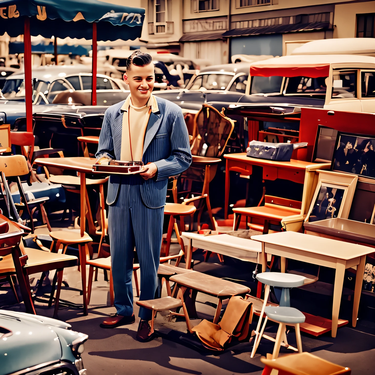 a young man from the 50s visiting a flee market whith old stuffs, old furniture, old toys  , no cars