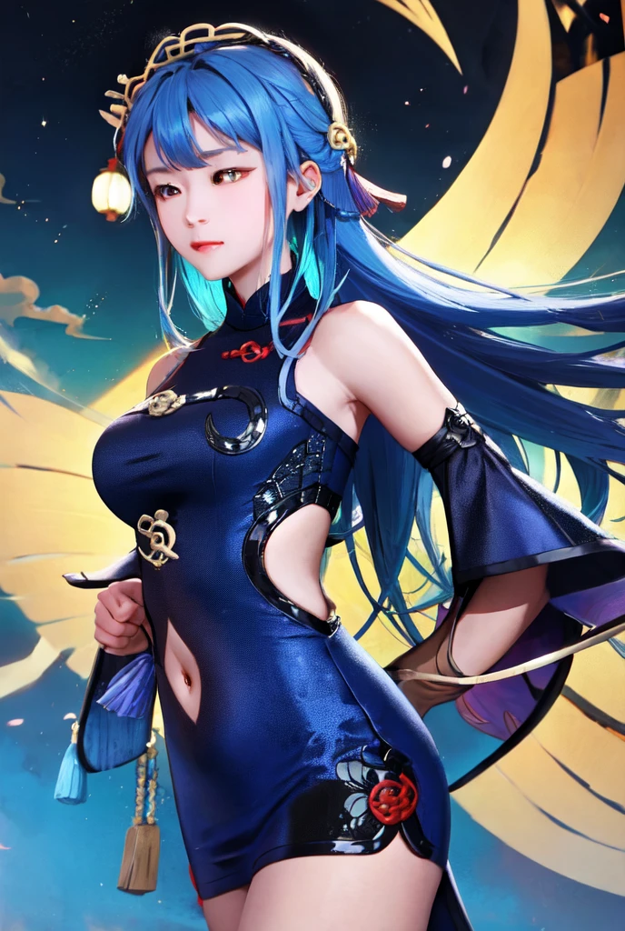 ((big breasts)), 1girl, solo, long hair, looking at viewer, hair ornament, dress, holding, bare shoulders, closed mouth, blue hair, yellow eyes, braid, artist name, covered navel, blue dress, chinese clothes, china dress, hand fan, folding fan, light blue hair, holding fan, Jordyn Huitema, (masterpiece,best quality:1.5), (masterpiece,best quality:1.5), Hold the fan with the right hand, the left hand does not hold the fan, Chinese imperial palace, feudal China, wooden castle, lake, (lantern), sparkling, (masterpiece,best quality:1.5), (masterpiece,best quality:1.5)