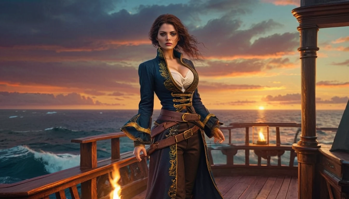 A fearless woman big breast pirate stands on the deck of her ship against the backdrop of the vast ocean. She wears traditional pirate attire, including a long leather coat and a belt filled with knives and pistols. Her face is set with determination, one eye covered by an eye patch. Behind her, an old fireplace glows warmly in the main cabin, casting a soft light across the deck. Waves roll in the distance under a cloudy sky, adding a sense of adventure and tension to the night scene.