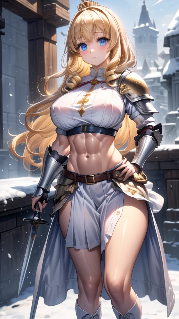 Very beautiful woman、Slender women、(Detailed face)、Realistic Skin、((Holy Knight)), ((Armor made of black))、((((Extremely detailed and intricately decorated armour:1.1))))、(Smooth breast cup)、((Delicate photo)),(Girl Astepeace RAW Photo Details:1.25), (Highest quality:1.6), (Ultra-high resolution:1.5), (Realistic:1.75), 8K resolution, Canon EOS R5, 50mm, Absurd, Super detailed,Cinema Lighting,((Fightfield))、((Fight))、(((White embellished micro skirt)))、Crimson high leg panties with lace pattern:1.2,Thigh-high socks、Shingard、((blonde))、((Curly Hair))、((Drill Hair))、((Wavy long hair,))、ponytail, Cape、Beautiful Armor、(((Has a huge weapon)))、(In combat)、The wind is blowing、((Symmetrical armor))、((((Blizzard))))、(((Lead a large group of knights:1.2)))、banner、(((Battle Scenes)))、((Browsing Caution:1.2))、(((I can see her panties:1.4)))、、((Skirt lift in the wind:1.4))