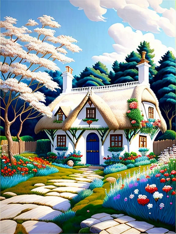  traditional house painting in medieval England 、Fairy tale、Vivid picture、Bright white house 、 The contrast between the brown and white walls in the timber frame is beautiful。English thatched cottages、Flowers surrounding the house 々、 The hill that extends beyond the backyard 、 I can see sheep the size of a sesame seed in the distance。 Bright Blue Skies 