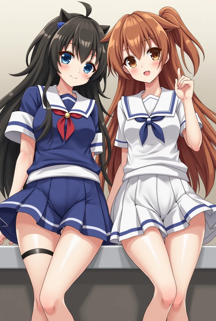 (Anime of Yatsu, Retro art style, Clean brush strokes, Very detailed, Perfect Anatomy, Browsing Caution), Dormitory of background, (erika, 1 daughter), Eyebrows visible through hair, bangs, Dark brown hair, Long Hair, Katyusha with ribbon, (blue eyes), (Beautiful and detailed:1.2)of）, Looking at the audience, Open your mouth (smile:1.5), (Sitting, Spread your legs), (Beautiful body, Smooth curve of, Perfect figure), (Uniform of), (Large Breasts:1.2, Tension of shape), (Uniform of skirt), 