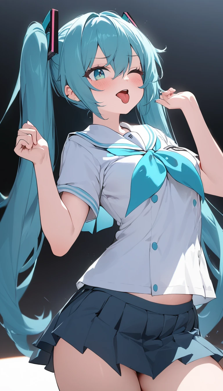 (8K、Top image quality、top-quality、masterpiece)、1 girl in、Twin-tailed、Hatsune Miku、light blue eyes、smil、Moderately breasts、White collared shirt、sleeveless、Arm Cover、Light blue tie、Black Mini Pleated Skirt、cowboy shot、Stage Background