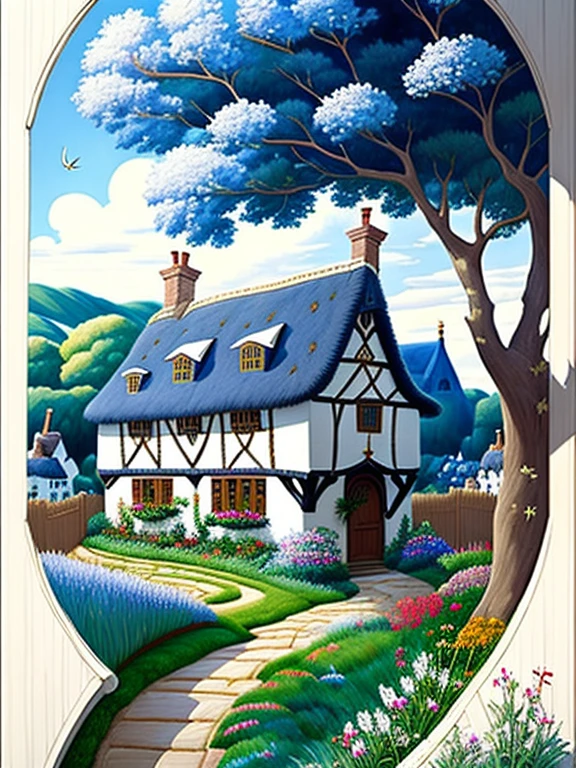  traditional house painting in medieval England 、Fairy tale、Vivid picture、Bright white house 、 The contrast between the brown and white walls in the timber frame is beautiful。English thatched cottages、Flowers surrounding the house 々、 The hill that extends beyond the backyard 、 I can see sheep the size of a sesame seed in the distance。 Bright Blue Skies 