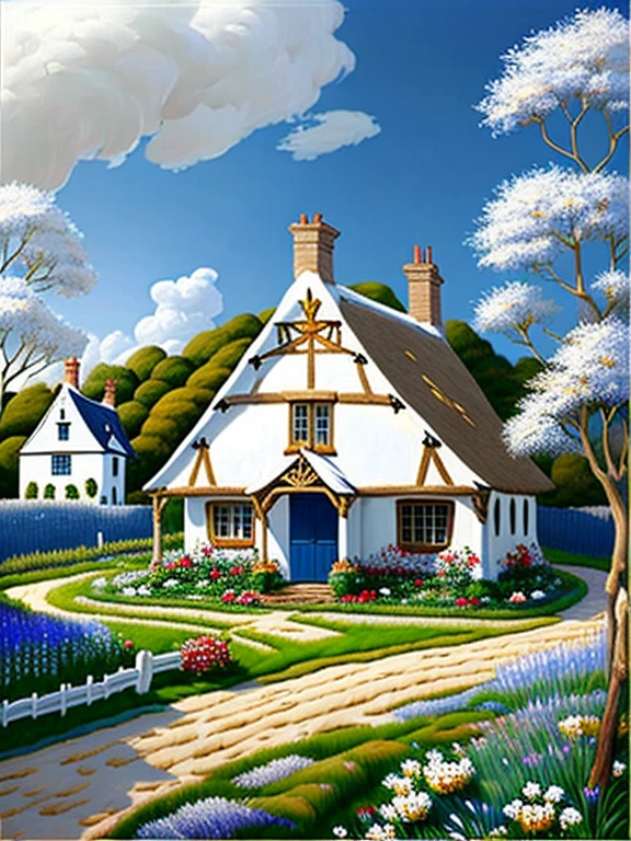  traditional house painting in medieval England 、Fairy tale、Vivid picture、Bright white house 、 The contrast between the brown and white walls in the timber frame is beautiful。English thatched cottages、Flowers surrounding the house 々、 The hill that extends beyond the backyard 、 I can see sheep the size of a sesame seed in the distance。 Bright Blue Skies 