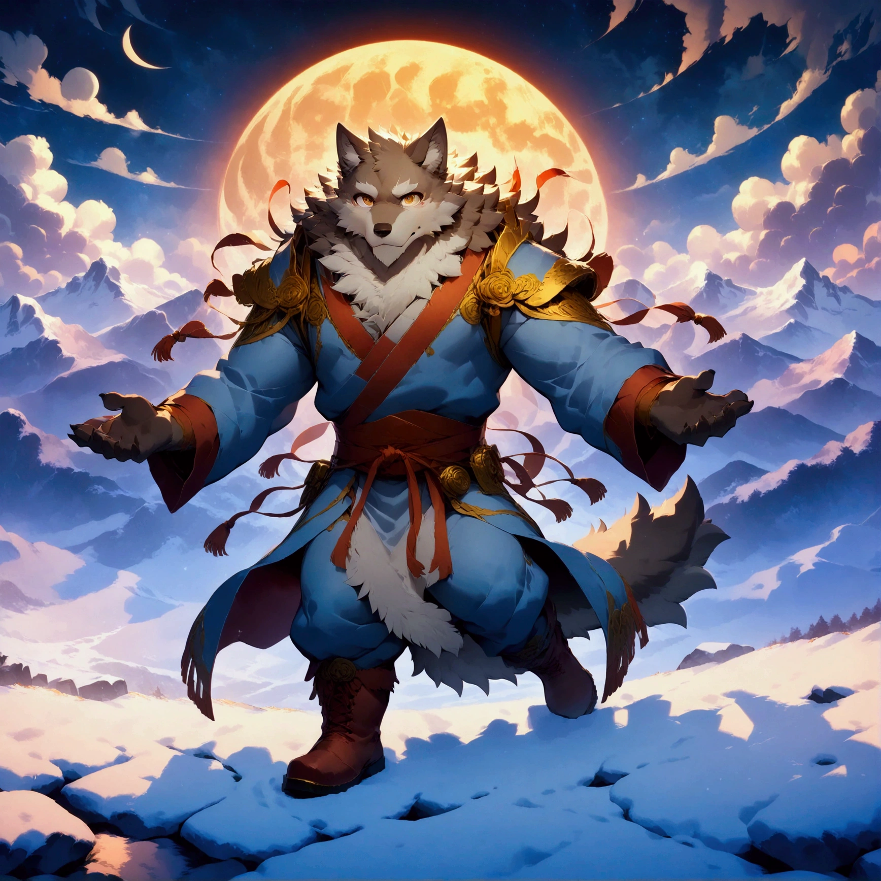 character focus, full body, looking away, various angle, european fantasy, a muscular middle-aged wolf man, heroic costume clothes, robe, shirt, pants, boots, raise both hands, wolf howling moon, dynamic pose, BREAK complete anatomy, perfect proportions, beautiful thigh gap, fluffy body, intricate fur details, beautiful fur texture, BREAK a detailed wolf 1tail, detailed boots, detailed foot, detailed hands, 5fingers, 5fingers nails, BREAK aesthetic anime face, insanity detailed face, male face, big face, square jawline, aesthetic anime eyes, detailed brown eyes, detailed brown cornea, detailed dark brown irises, detailed pupils, male eyes, big eyes, male eyebrows, innocent look, beautiful beard, BREAK full body in Michelangelo Buonarroti style, digital illustration anime, housamo style, detailed painting landscape, full moon night, snow mountain, path, powder snow, outdoor, full color, HDR, BREAK masterpiece, official art, best quality, very aesthetic, absurdres, super fine illustration, great quality, BREAK noise reduction, very highres, large filesize, high quality, 32K, 8k wallpaper, dynamic lighting, BREAK insanity detailed, ultra detailed, intricate details, extremely detailed, detailed texture, an extremely delicate and beautiful, BREAK osukemo, e621 illustration, kemohomo, anthropomorphic, furry, cartoon, harmonious body, pastoral face, virtuous eyes, epic atmosphere