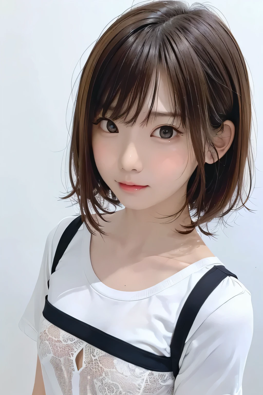 (masterpiece、Best Quality、 Super detailed description、 super high definition)、( Portrait Shooting :1.3)、 girl、solo、((small chest))、cute、 idol face、 simple white background、Stand with your back against a wall、front view、Crop-shirt 