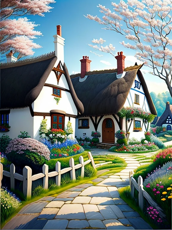  traditional house painting in medieval England 、Fairy tale、Vivid picture、Bright white house 、 The contrast between the brown and white walls in the timber frame is beautiful。English thatched cottages、Flowers surrounding the house 々、 The hill that extends beyond the backyard 、 I can see sheep the size of a sesame seed in the distance。 Bright Blue Skies 