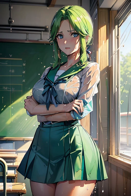  Masterpiece 
(woman,The facial expression is accurate,Anime style face,Greenish blue eyes )
Group
((((Location: School classroom))))
((((The location is school))))
((((womanは授業を受けている))))
8k((((High school girl))))
8k(((((Wet)))))
((Staring at me))
 chest emphasis 