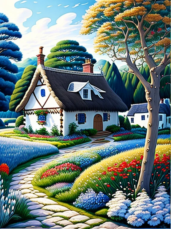  traditional house painting in medieval England 、Fairy tale、Vivid picture、Bright white house 、 The contrast between the brown and white walls in the timber frame is beautiful。English thatched cottages、Flowers surrounding the house 々、 The hill that extends beyond the backyard 、 I can see sheep the size of a sesame seed in the distance。 Bright Blue Skies 