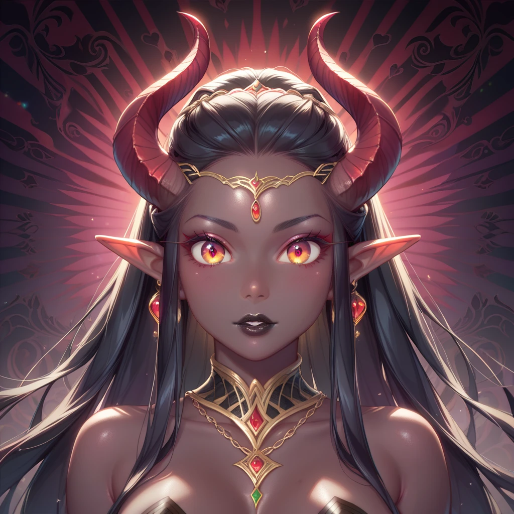 score_9, score_8_up, score_7_up, (Random poses), A beautifully detailed woman, succubus female, long black hair, elf ears, large eyes, red iris, long eyelashes, detailed facial features, black lipstick, (((Black skin))), demon horns, ((dark aura around body)), (((Dark pattern background)))
