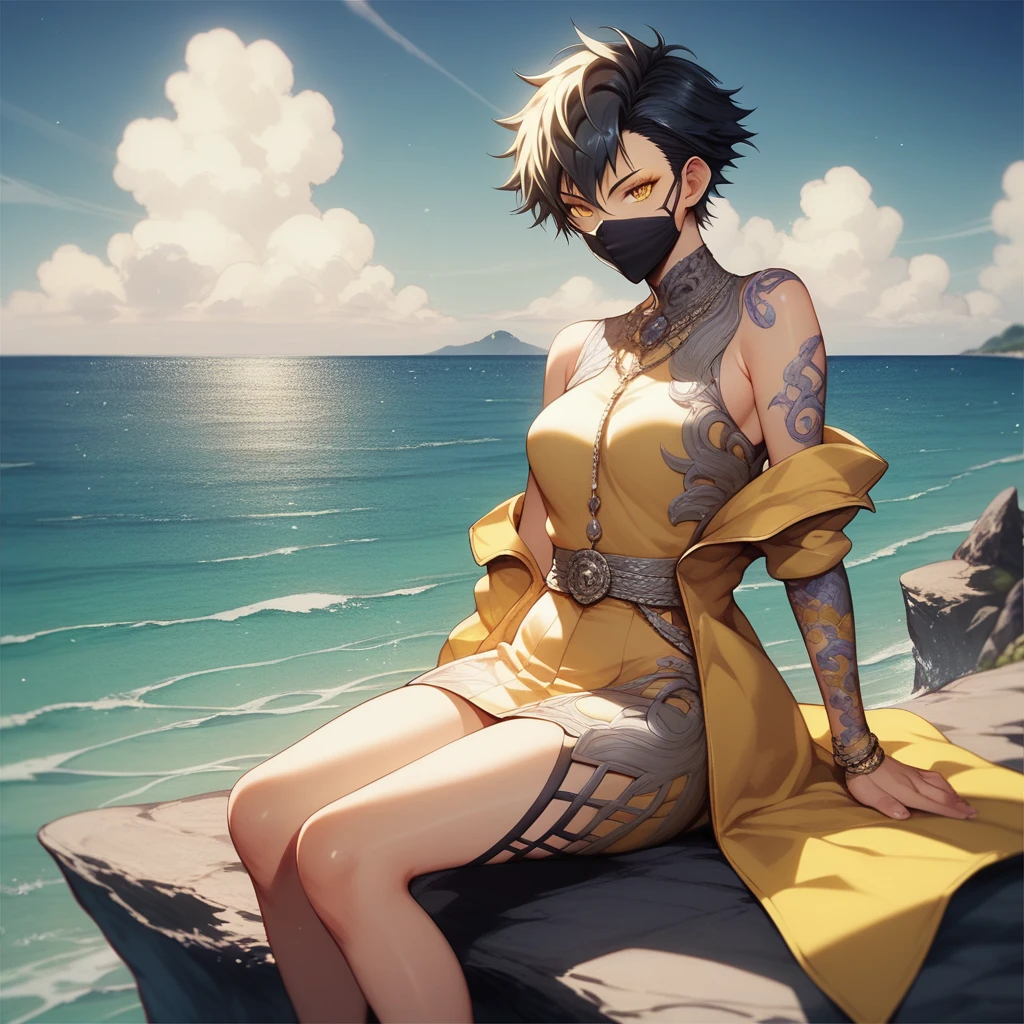 score_9, score_8_up, score_7_up, Nekomata from Shin Megami Tensei. On top of stone steps with sea view, seascape, yellow cat eyes, black mask, colorful landscape leading to beautiful scenery. Seductive pose. Toon shader rendering, kanekostyle, stylish design, Kazuma Kaneko, smt