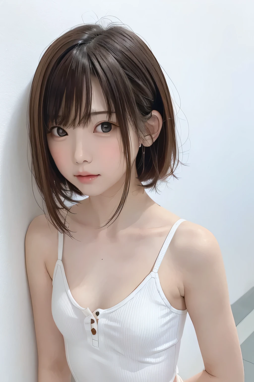 (masterpiece、Best Quality、 Super detailed description、 super high definition)、( Portrait Shooting :1.3)、 girl、solo、((small chest))、cute、 idol face、 simple white background、Stand with your back against a wall、front view