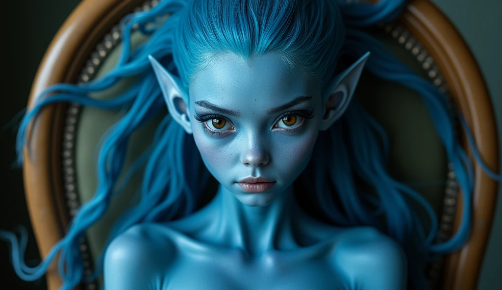 (frontal view, facing viewer:1.2), centered, 3d, 3d model, unreal engine, | digital face portrait, |  1girl, tsireya, busty female, facial mark, black hair, long hair, blue eyes, (blue skin, colored skin:1.3), loincloth, solo, upper body, Brunette updo hair, Wearing Teal satin bra, Goat waist, Huge breast, Wide hips, Chubby, Hooved legs, Horse legs, Lying on side, Spread legs, splits legs, legs up