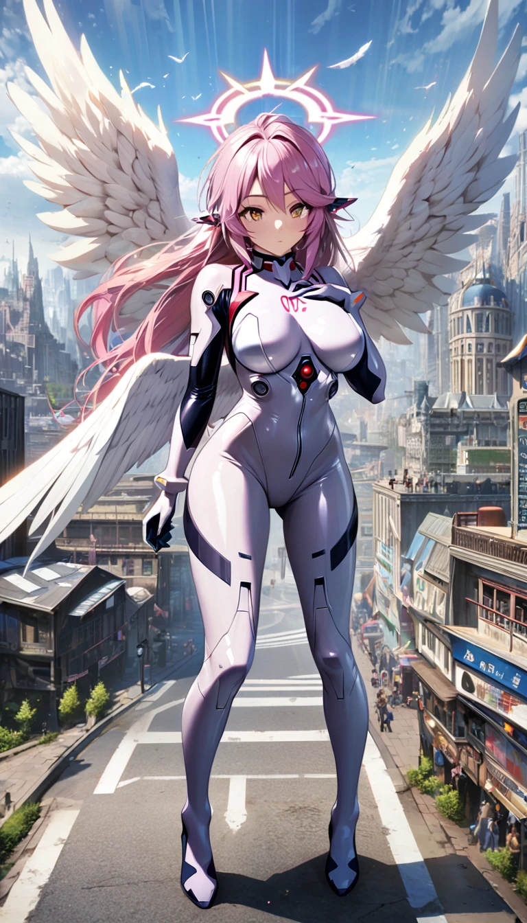 jibril,(big breast),(big white wing),(angel wing),(glamorous),full body,(girl towering over miniature city),front view,plugsuit,latex bodysuit,shiny bodysuit,colorful hair,halo,sharp focus,extremely detailed CG,expressionless,realstic,(mechanical ear),standing,road:0.3,bird-eye's view:0.5