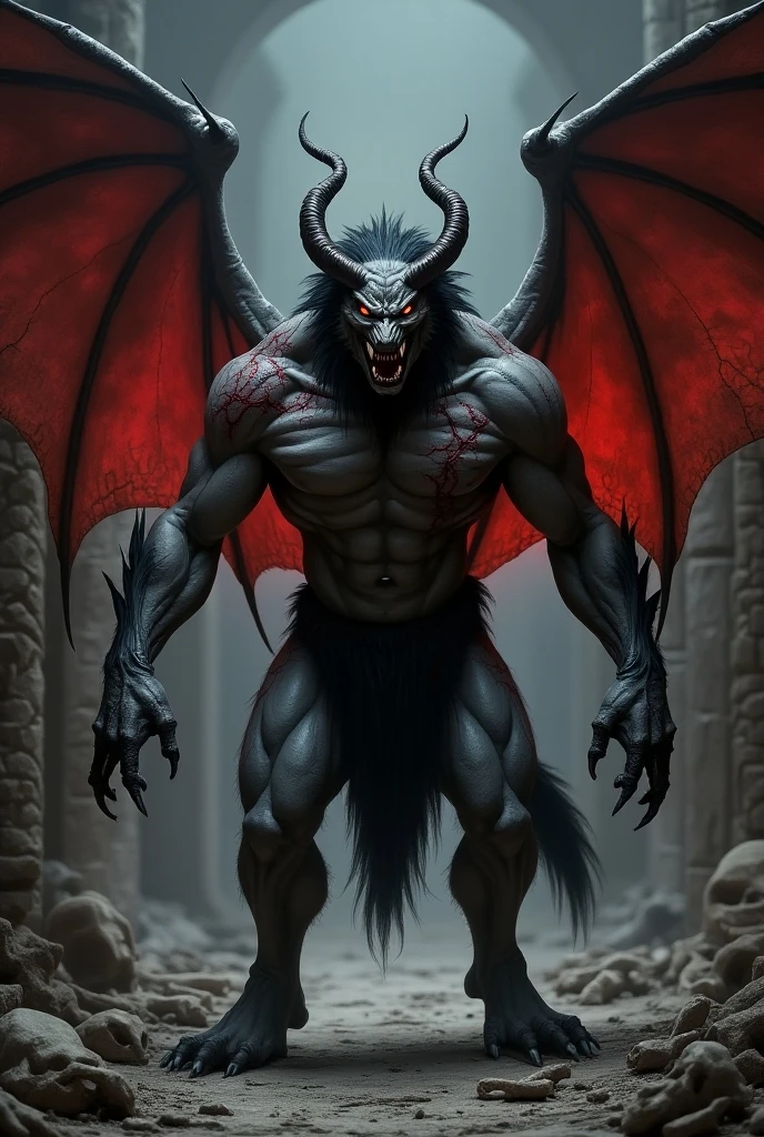 outdoors, forest, mist,nosferatu zodd stalk betwen trees, demon form, two big horn, mad, wings