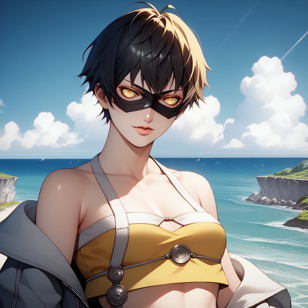 score_9, score_8_up, score_7_up, Nekomata from Shin Megami Tensei. On top of stone steps with sea view, seascape, yellow cat eyes, black mask, colorful landscape leading to beautiful scenery. Seductive pose. Toon shader rendering, kanekostyle, stylish design, Kazuma Kaneko, smt